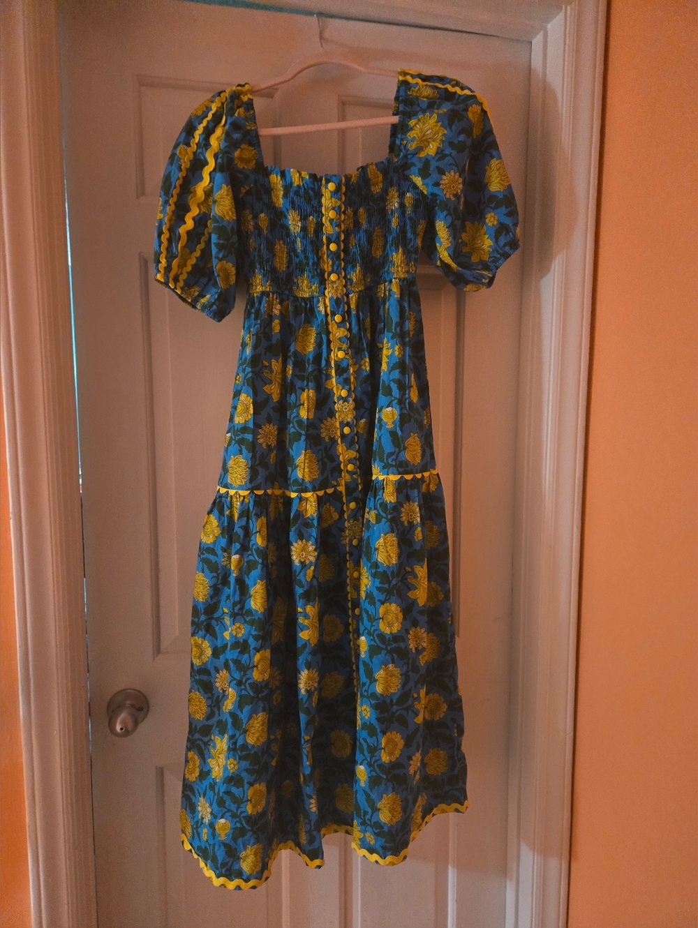 NWOT Pink City Prints Blue and Yellow Floral Puff Sleeve Midi Dress
